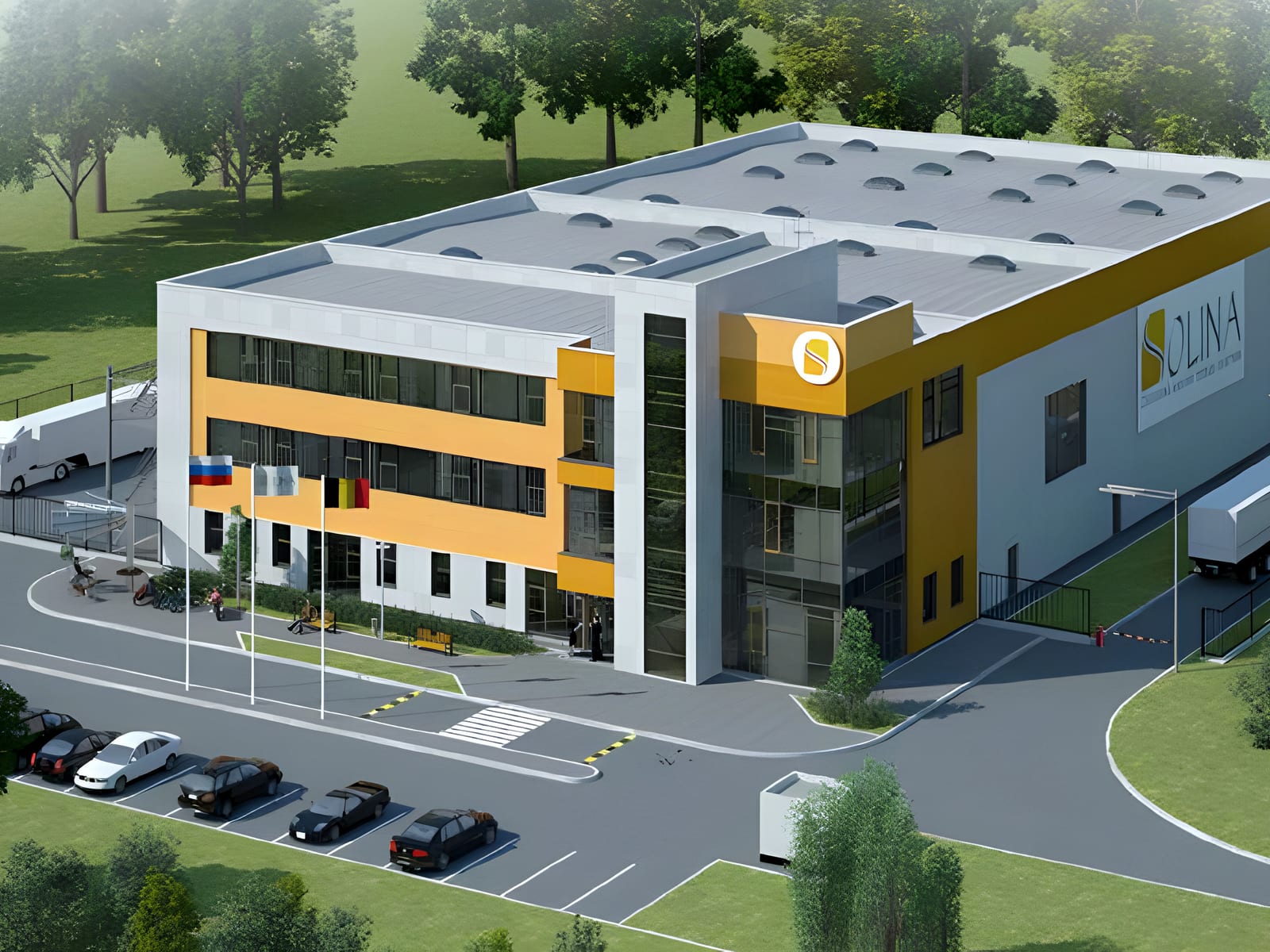 CGI aerial of SOLINA food plant with car park and landscaping