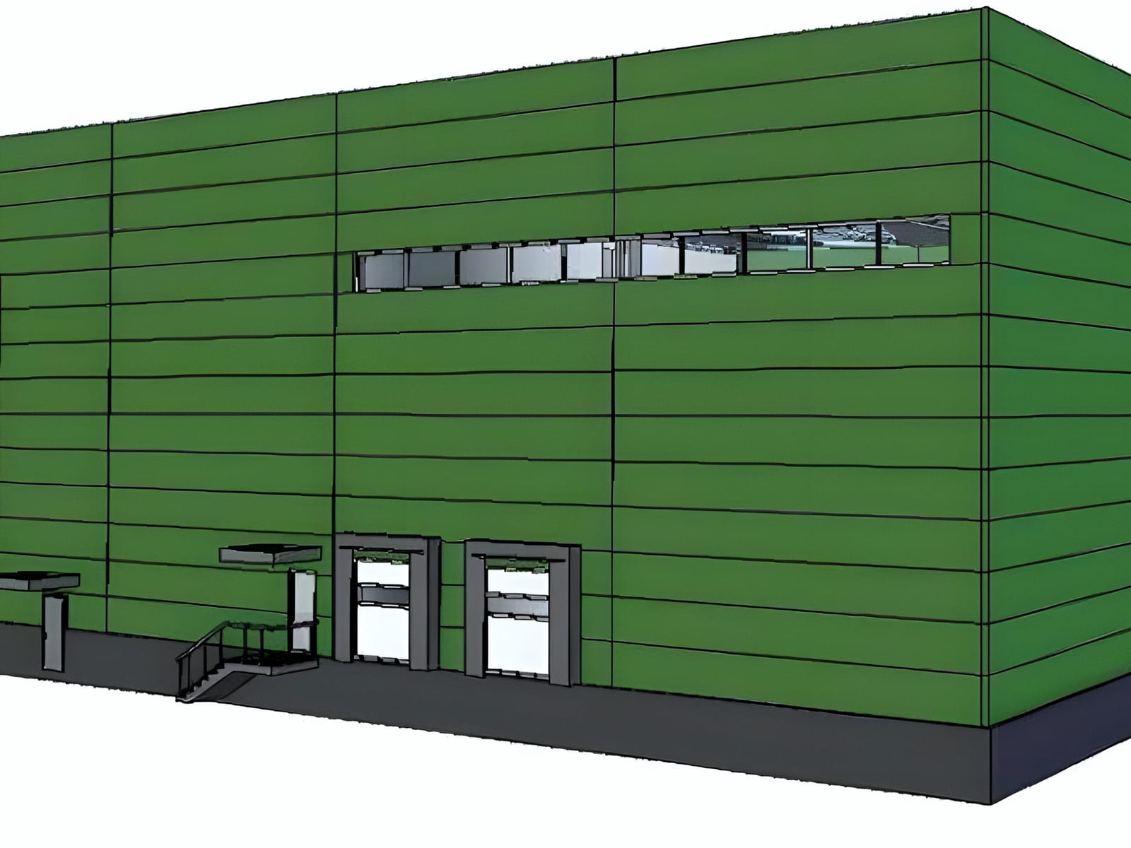 CAD massing render of green-clad Kühne factory hall, eye level