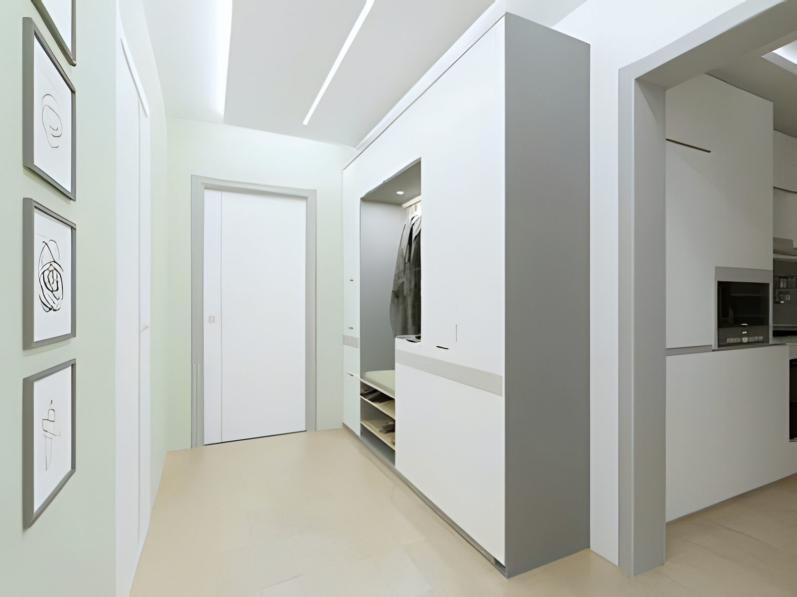 CGI apartment hallway with built-in wardrobe and framed prints