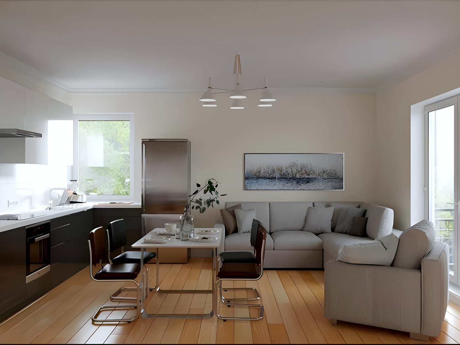 CGI open-plan kitchen, dining and living room with corner sofa