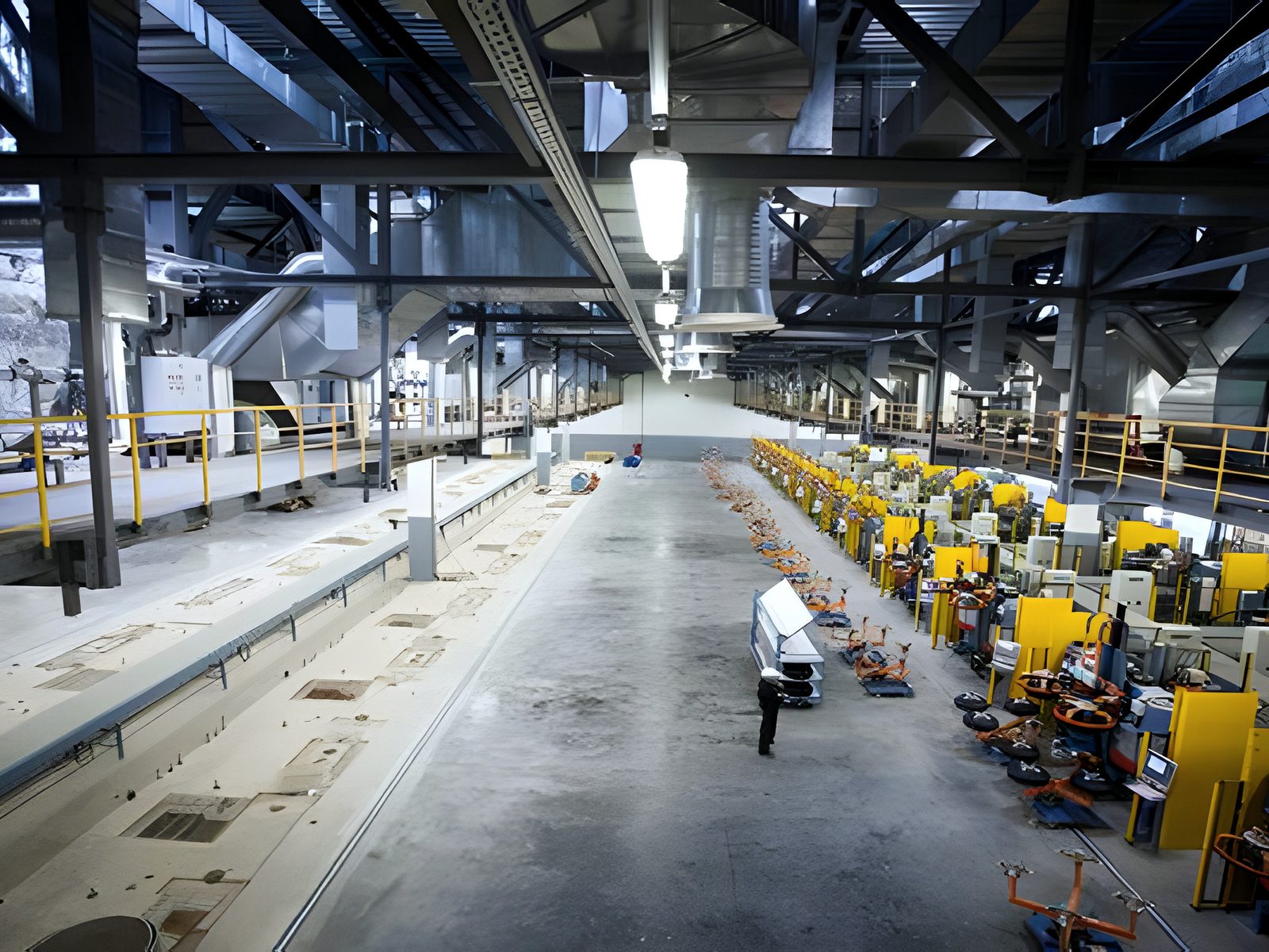 Production hall interior with machine lines and a lone worker