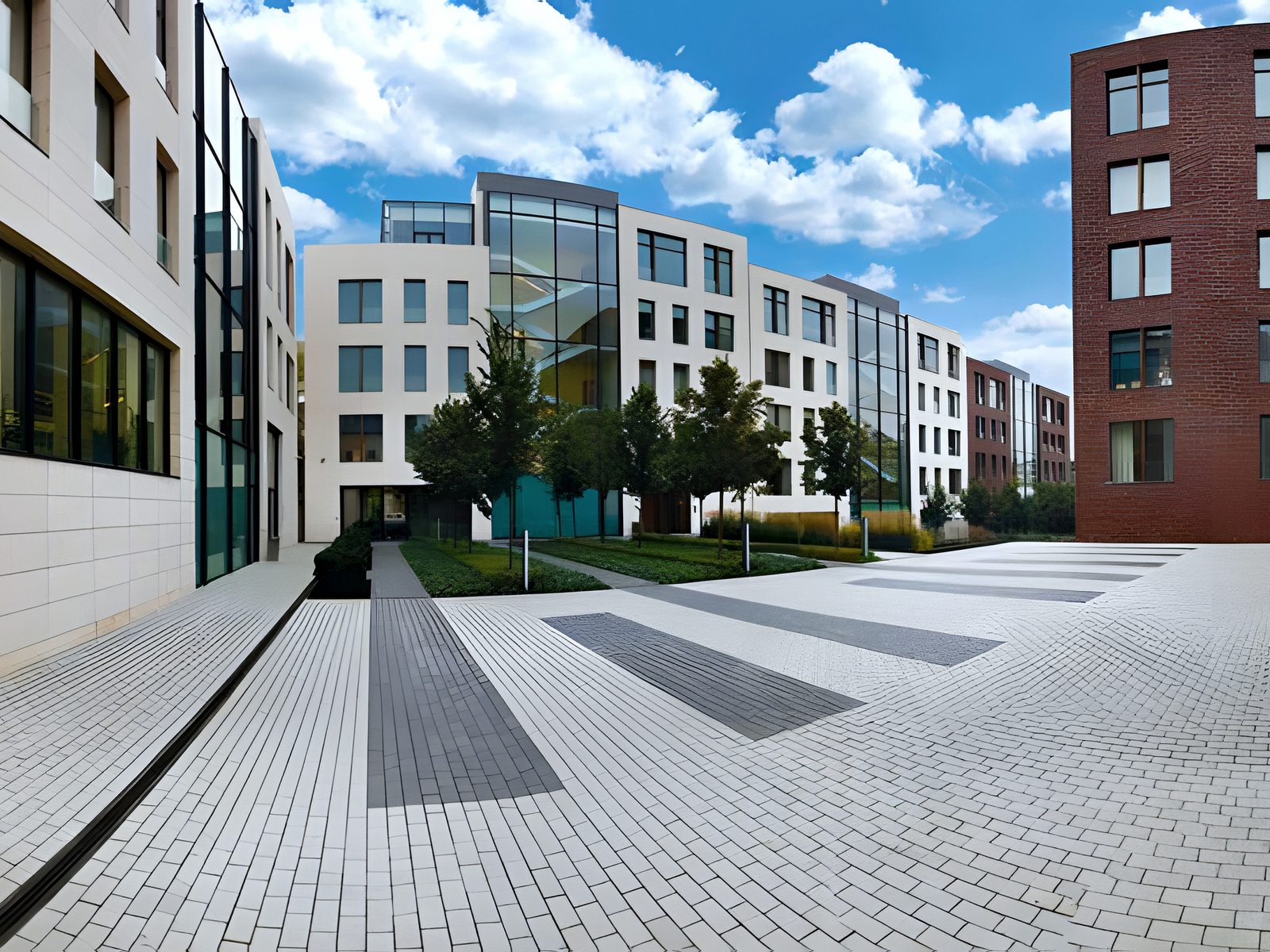 Paved courtyard between low-rise stone and brick residential blocks