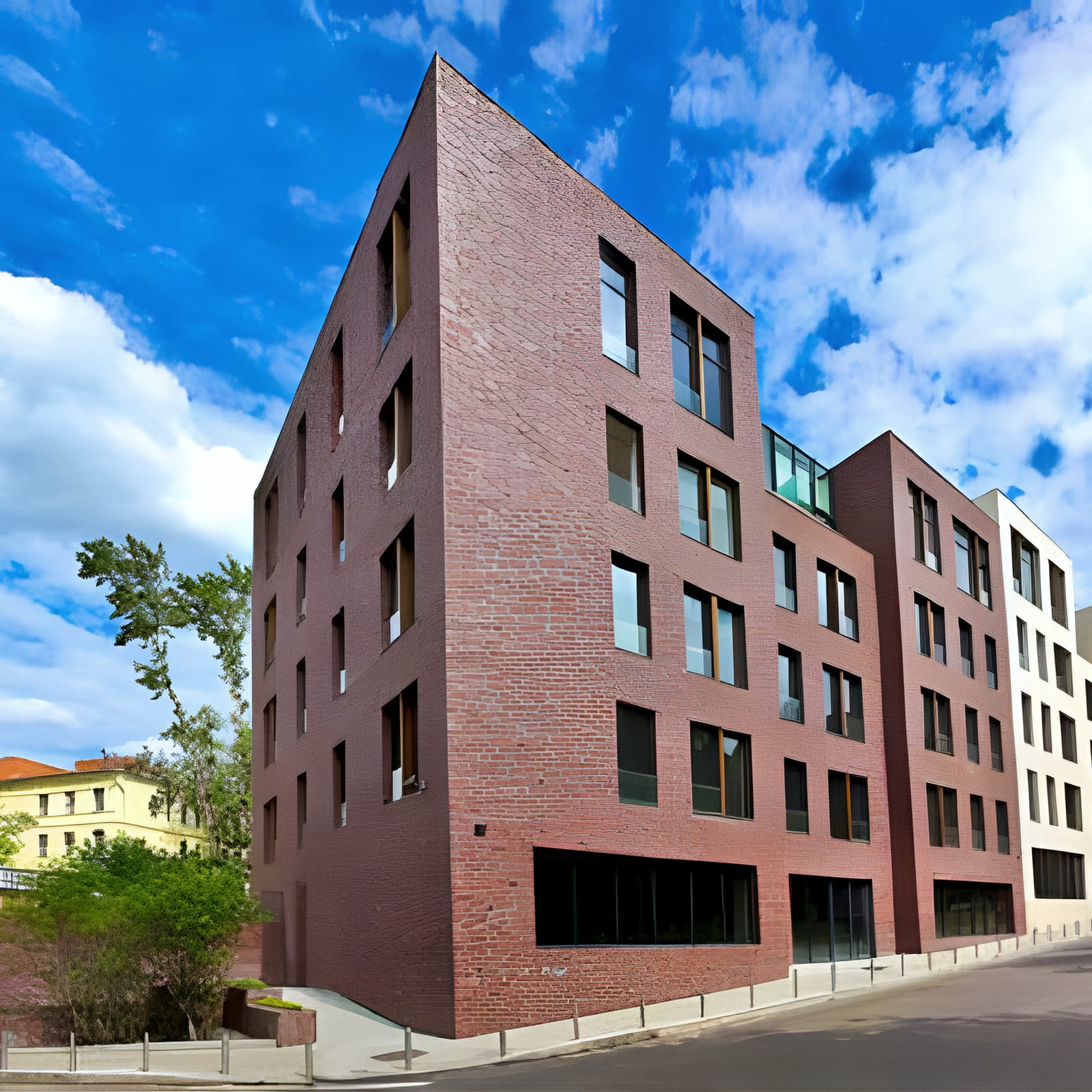 Brick residential block on street corner under blue sky