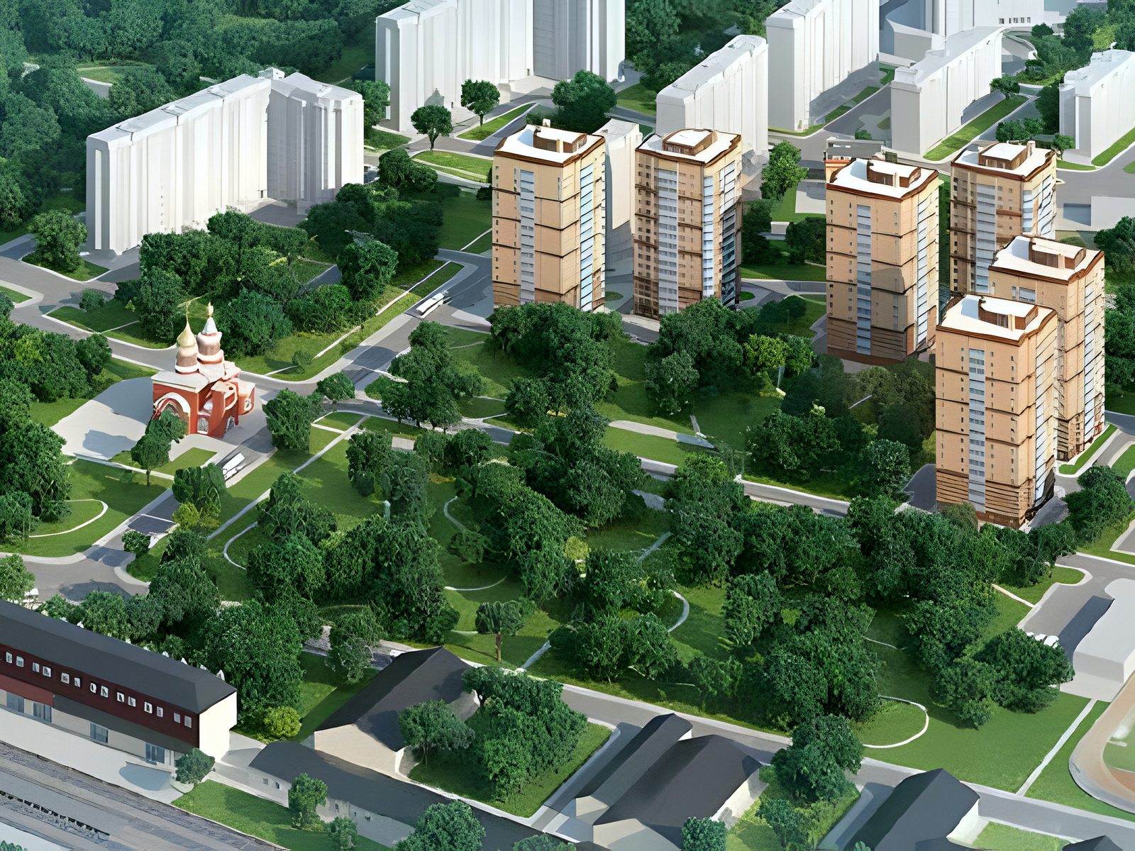 CGI bird's-eye masterplan of towers, church, park and stadium