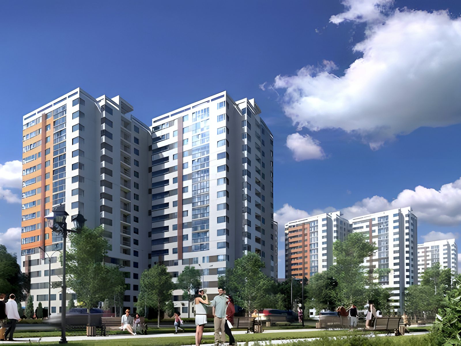 CGI street-level view of towers with pedestrians and planting