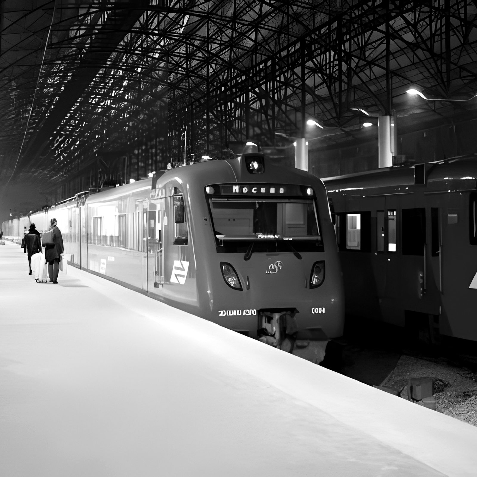Red Aeroexpress trains at the covered platform, passengers walking