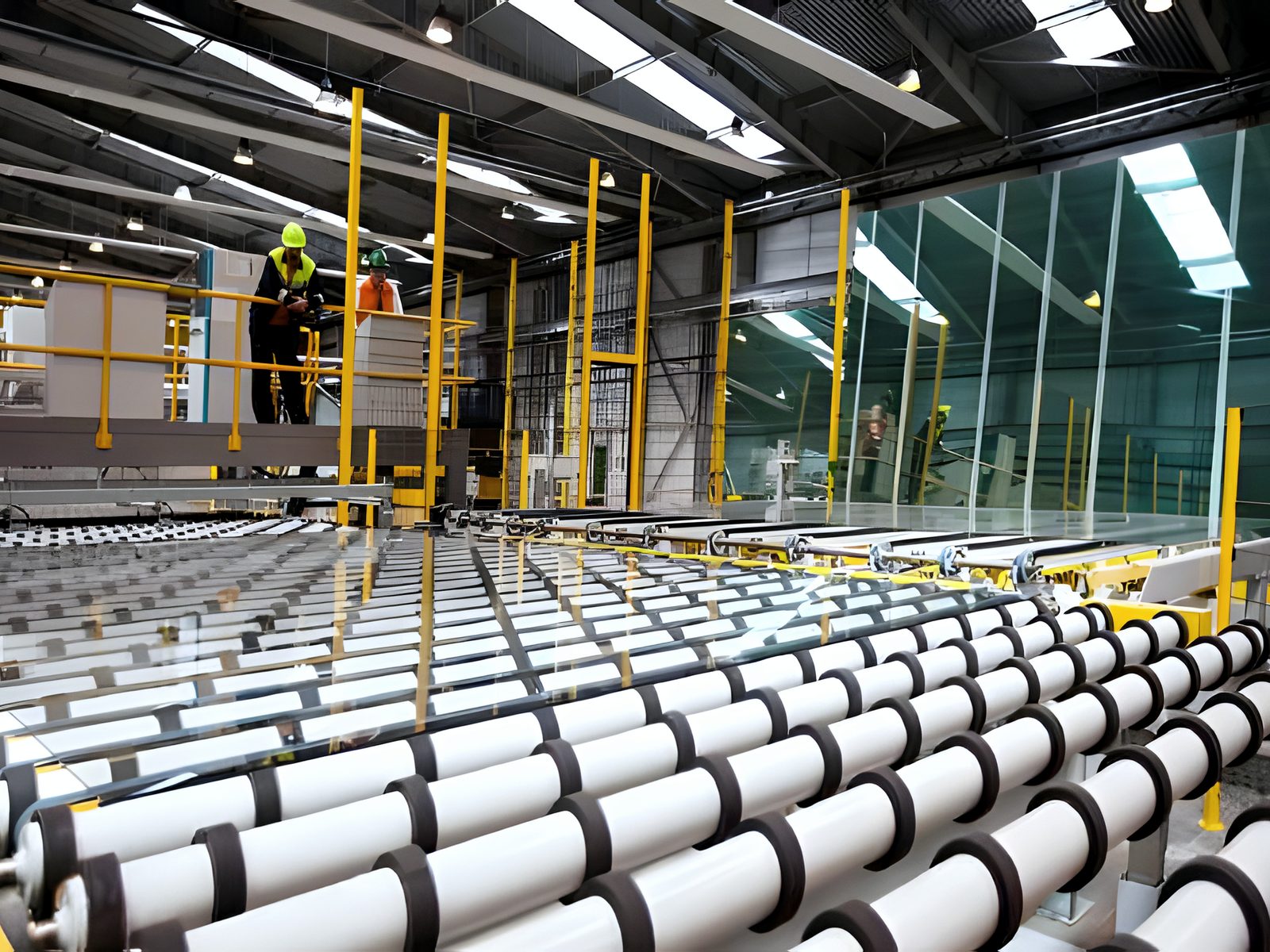Flat glass line on roller conveyor, worker in hi-vis above