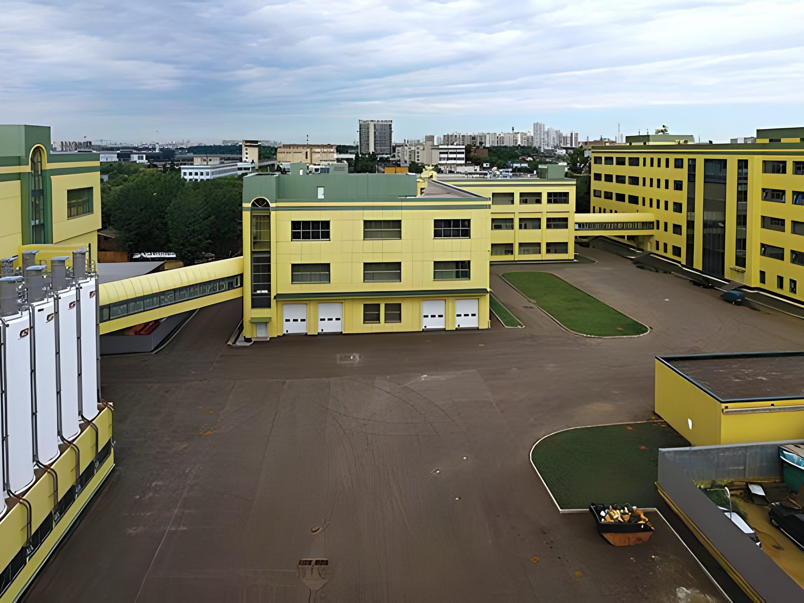Elevated view over the plant yard, flour silos and blocks