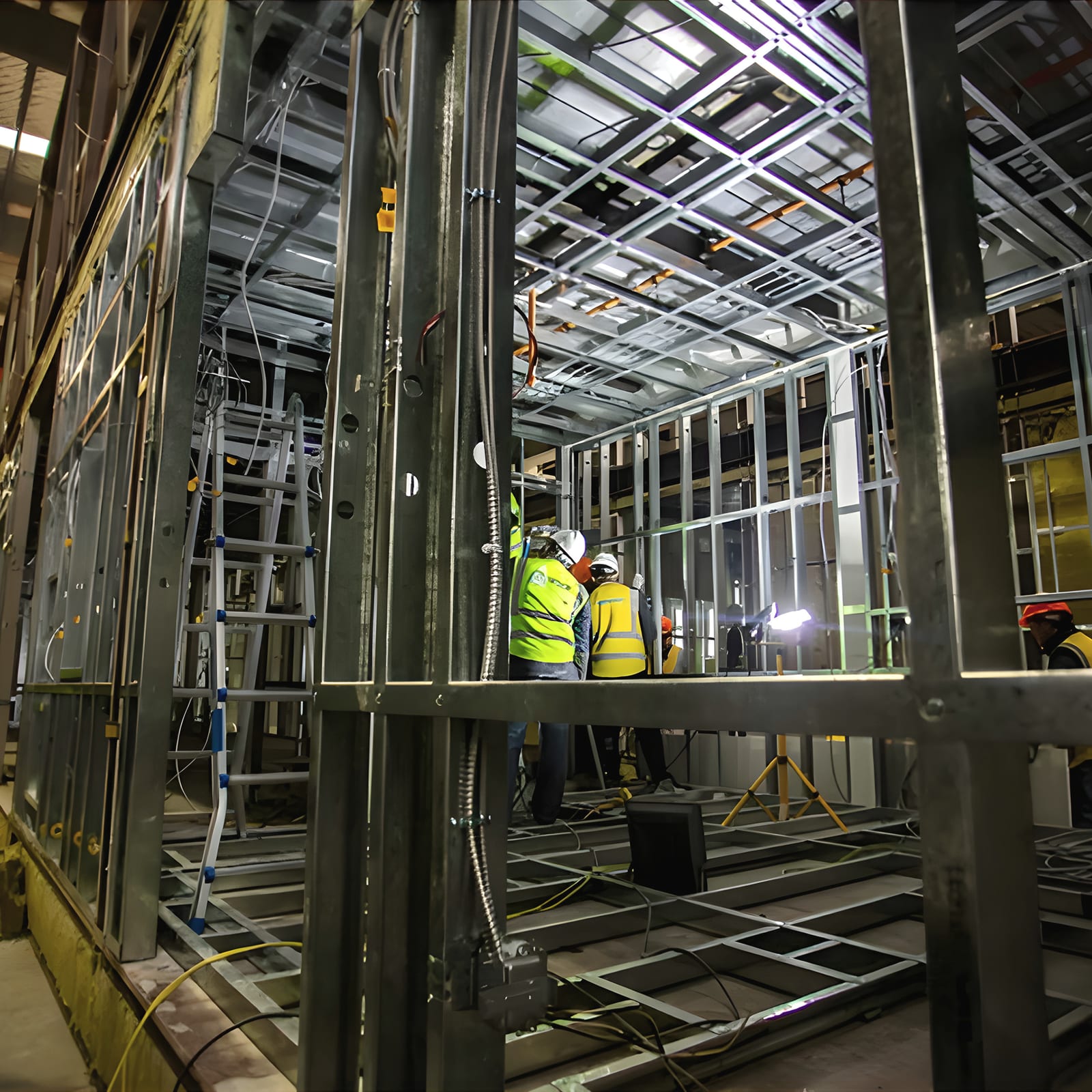 Workers assembling steel-framed modules inside the production hall