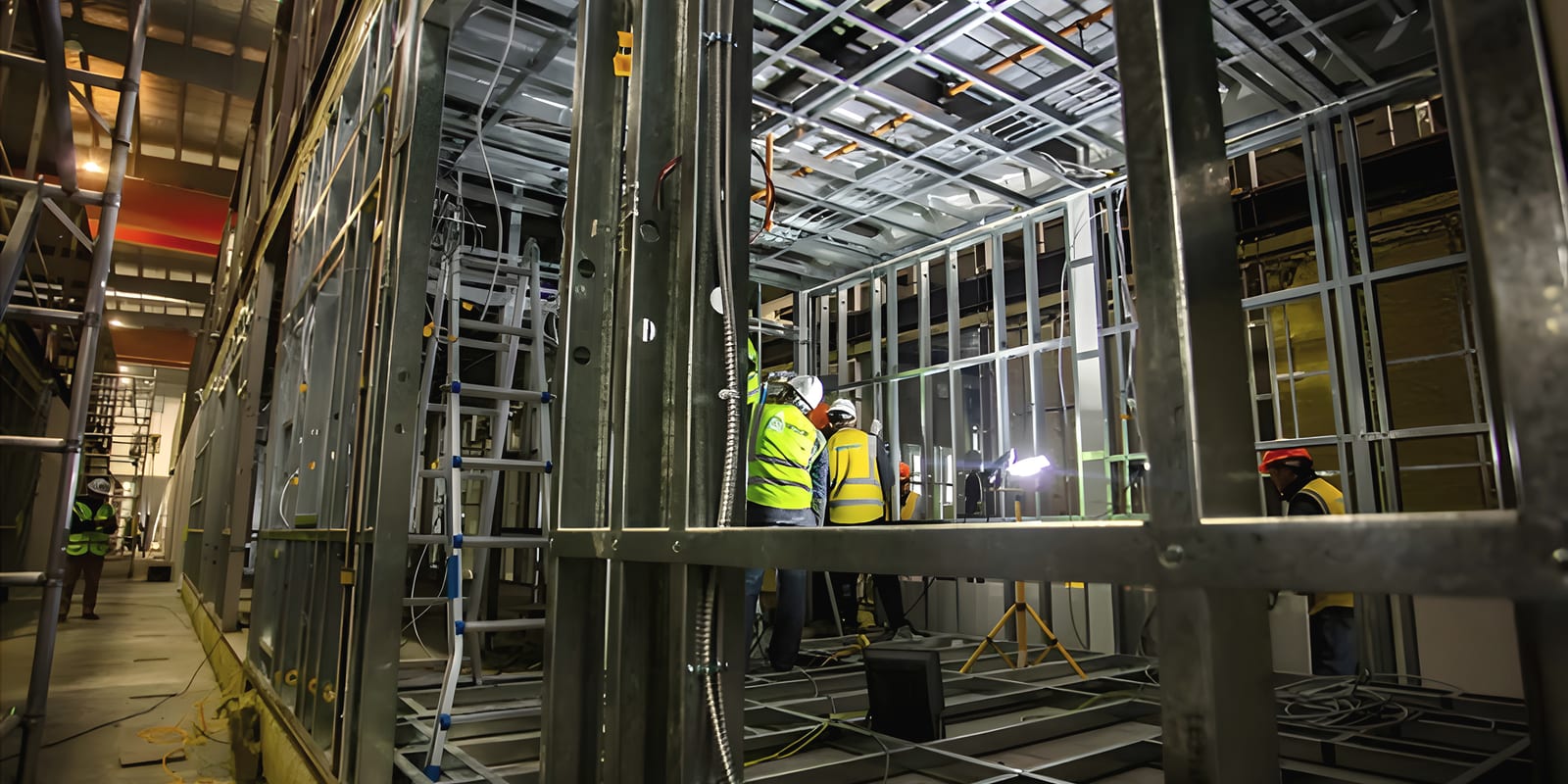 Workers assembling steel-framed modules inside the production hall