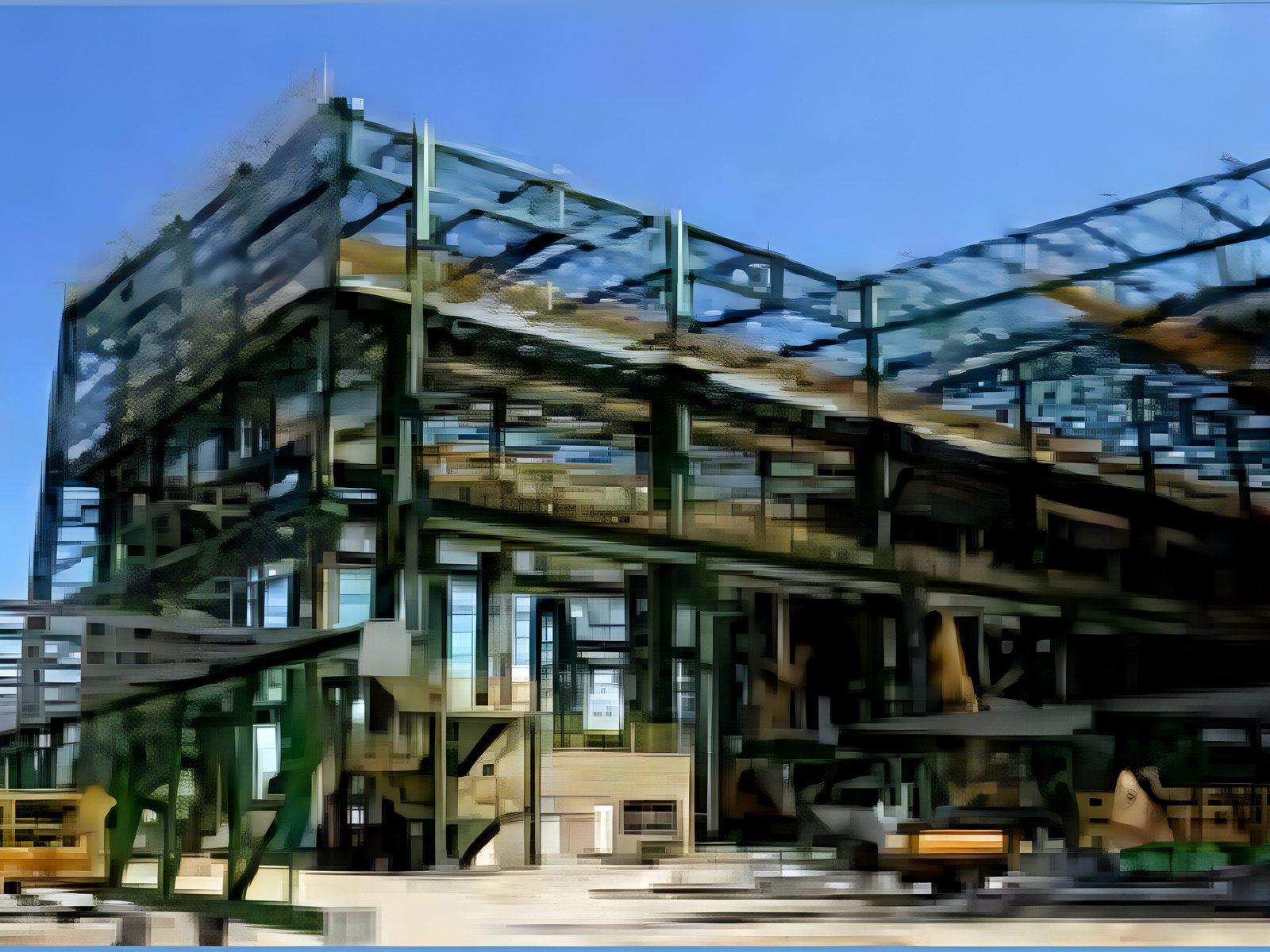 Green steel frame of a hall under erection against blue sky