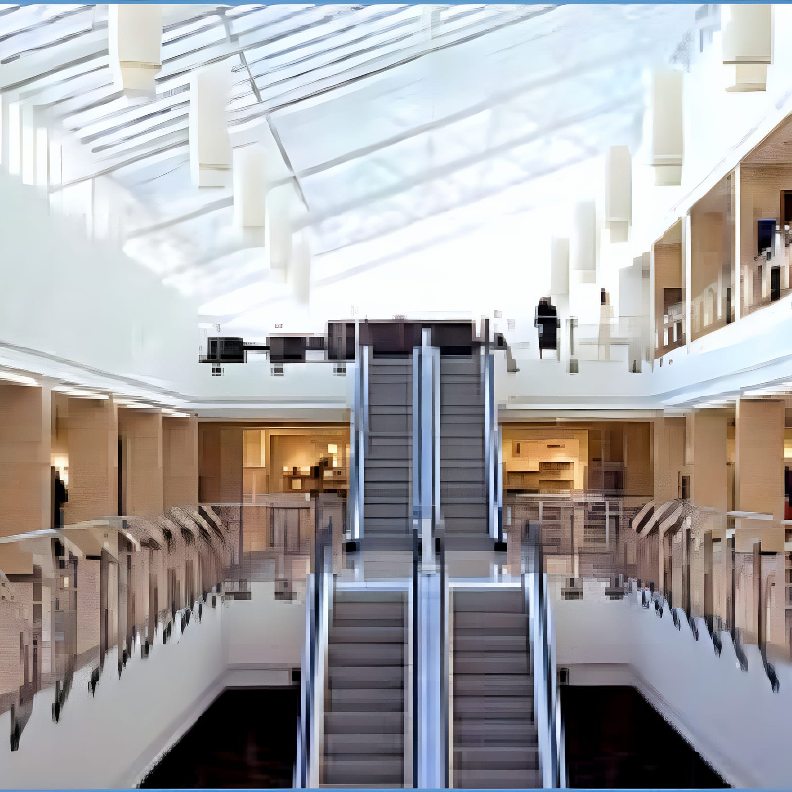 Mall atrium with escalators under a glazed barrel roof