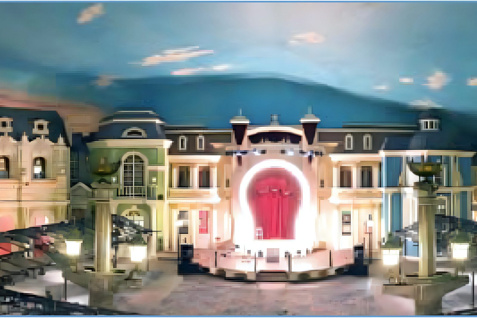 Indoor themed plaza with painted sky ceiling and stage facade