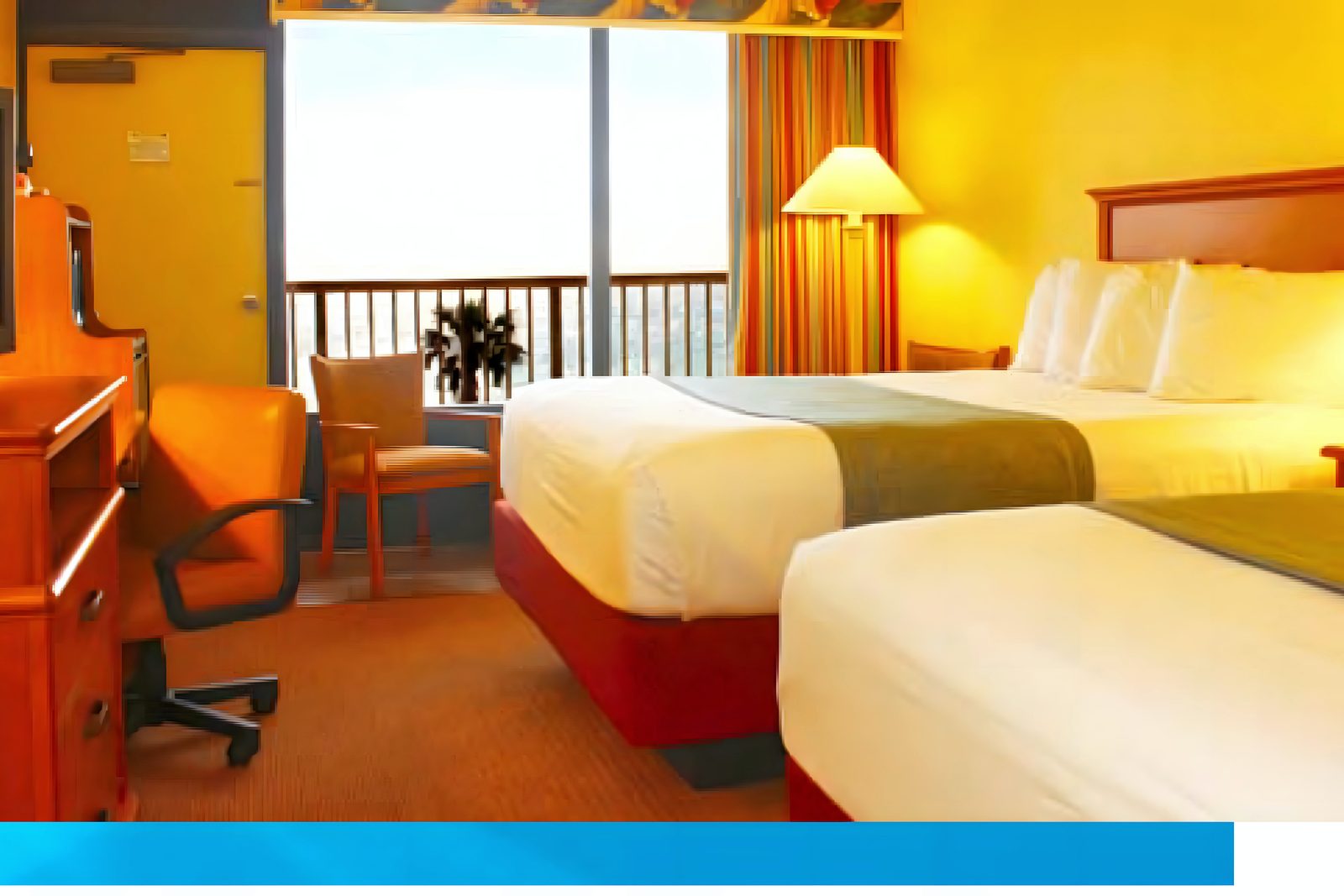 Title panel with casino floor and twin-bed guest room photos (part a)