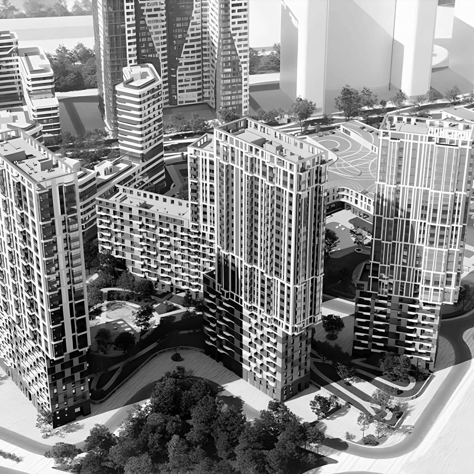 CGI aerial of a residential complex with courtyards and towers