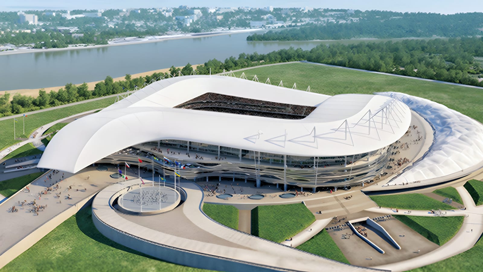 Aerial CGI of stadium with wave roof beside river