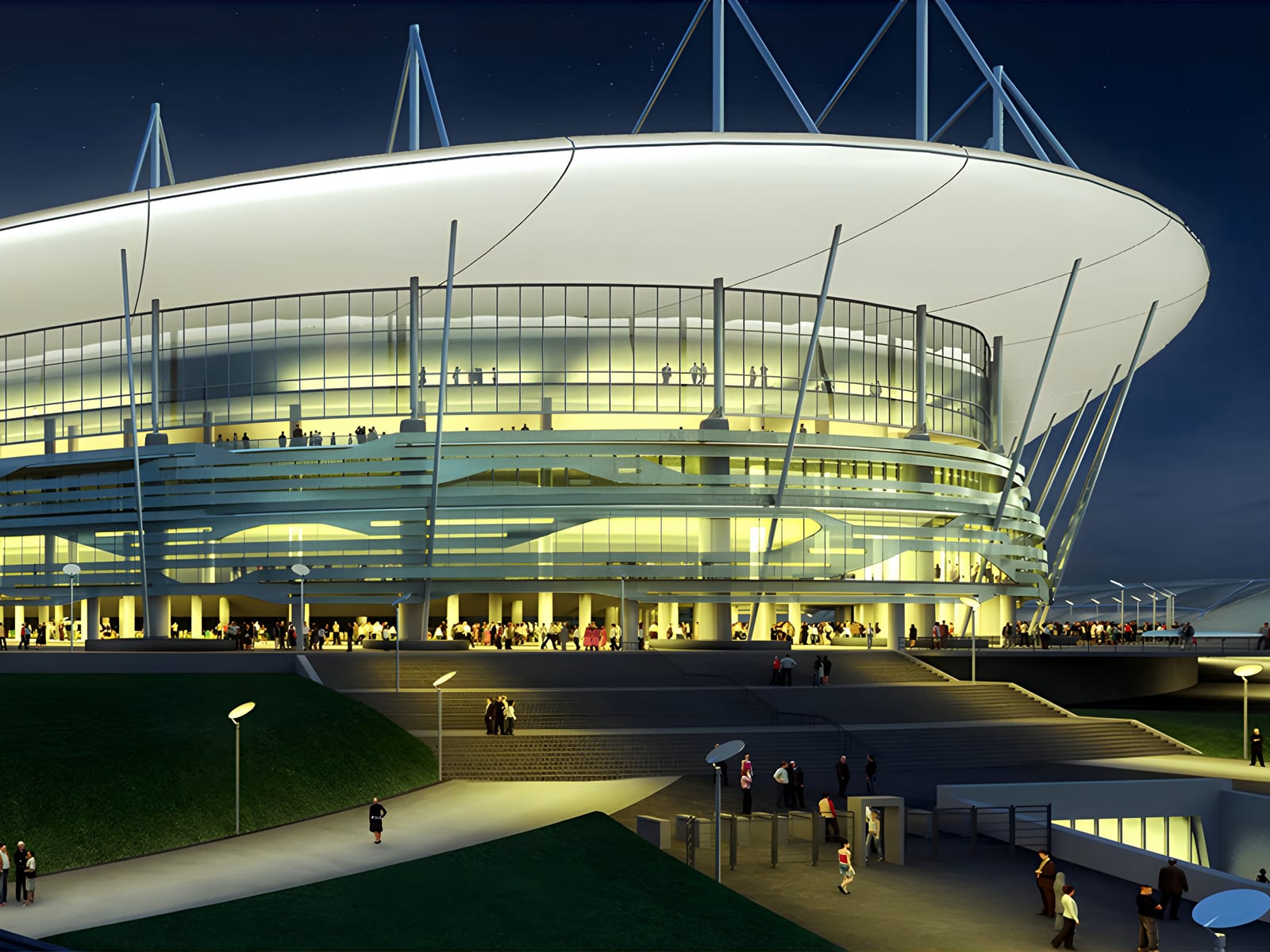 Night render of the Rostov-on-Don Arena, the 45,000-seat FIFA 2018 World Cup stadium, with the facade lit and people on the entrance ramps