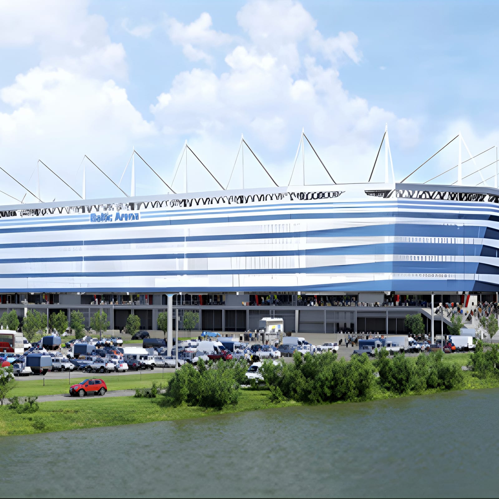Blue-striped stadium across water, car park in foreground