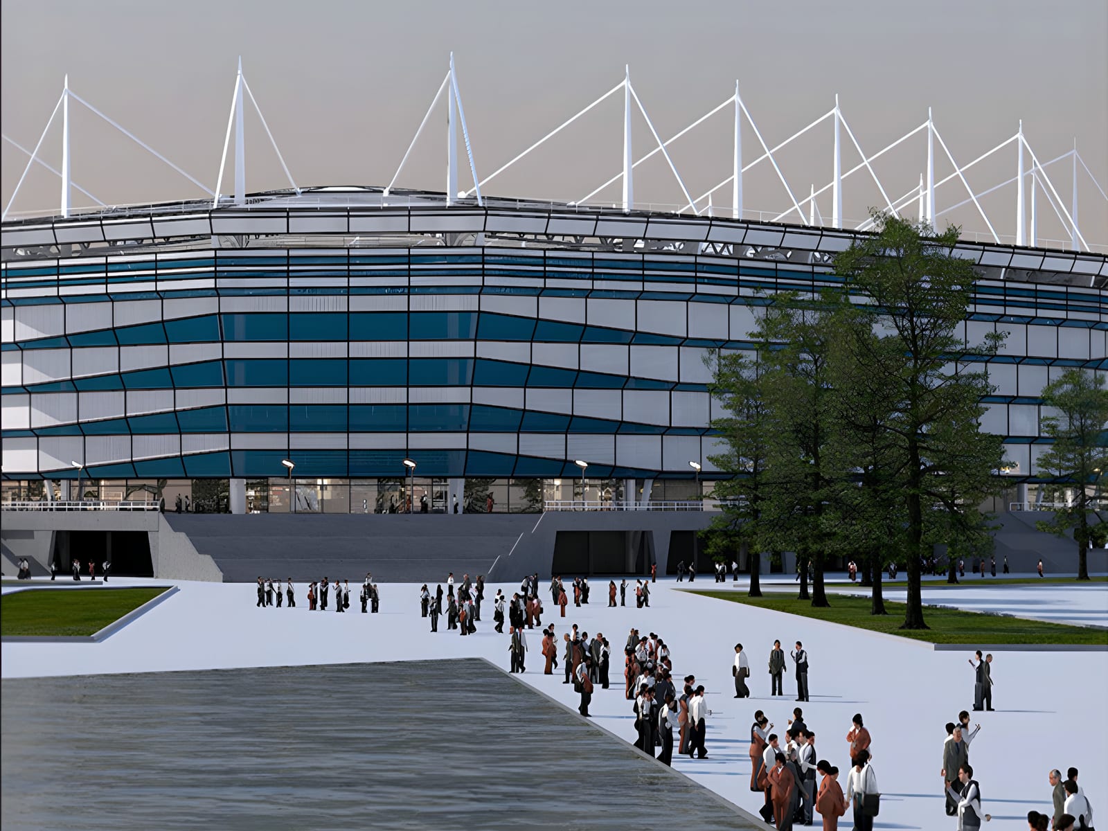 Render of the Kaliningrad Baltic Arena, the 35,000-seat FIFA 2018 World Cup stadium, with a crowd walking across the plaza to the entrance
