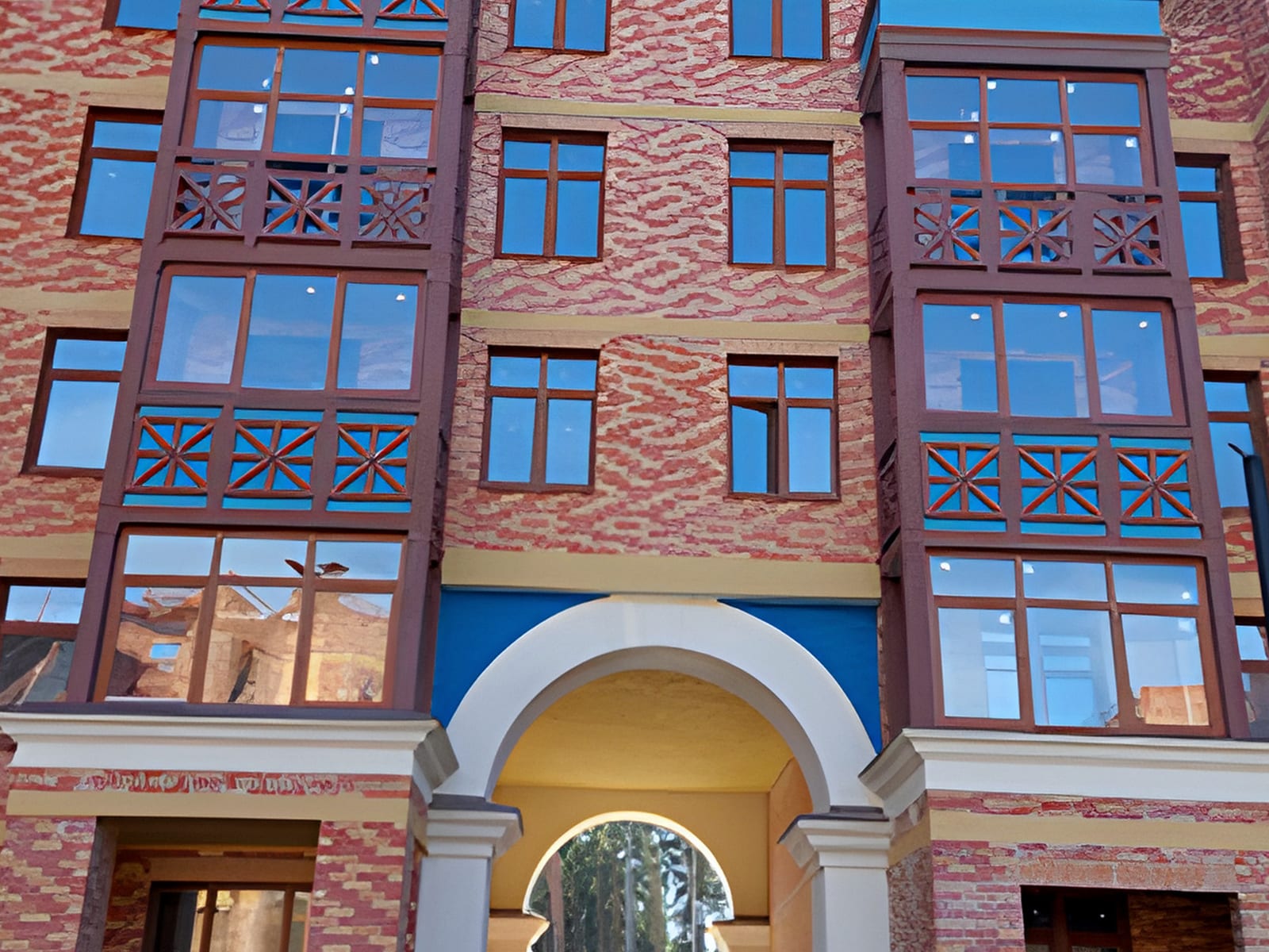 Two photographs at the DOM.RF residential development: a brick block with an arched passage, and a vaulted passage with brick walls